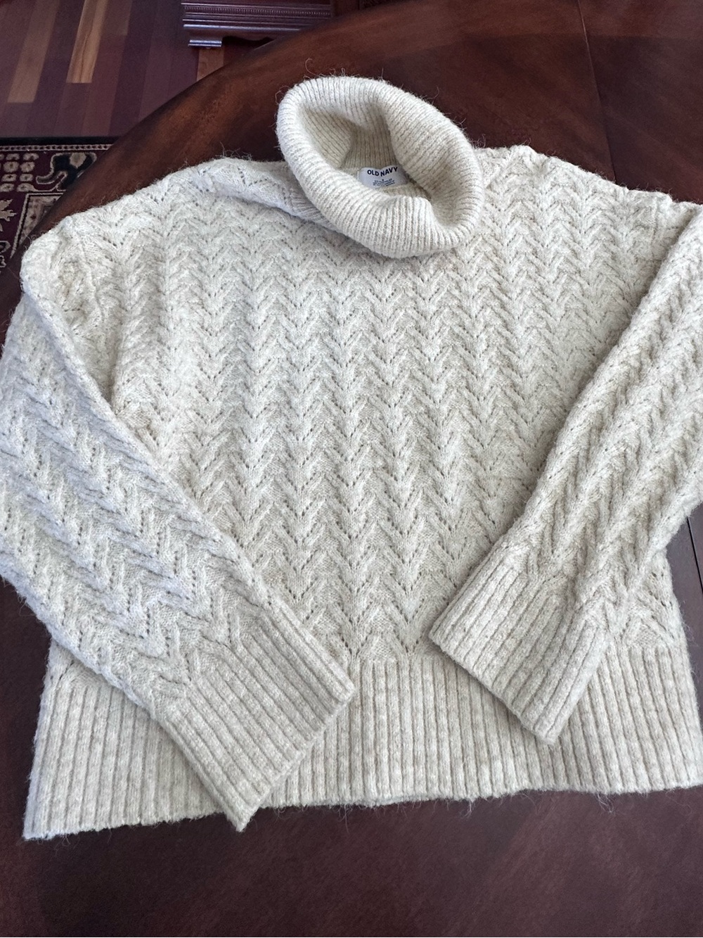 Old Navy Ivory Fuzzy Textured Chunky Knit Chevron Turtleneck Pullover Sweater